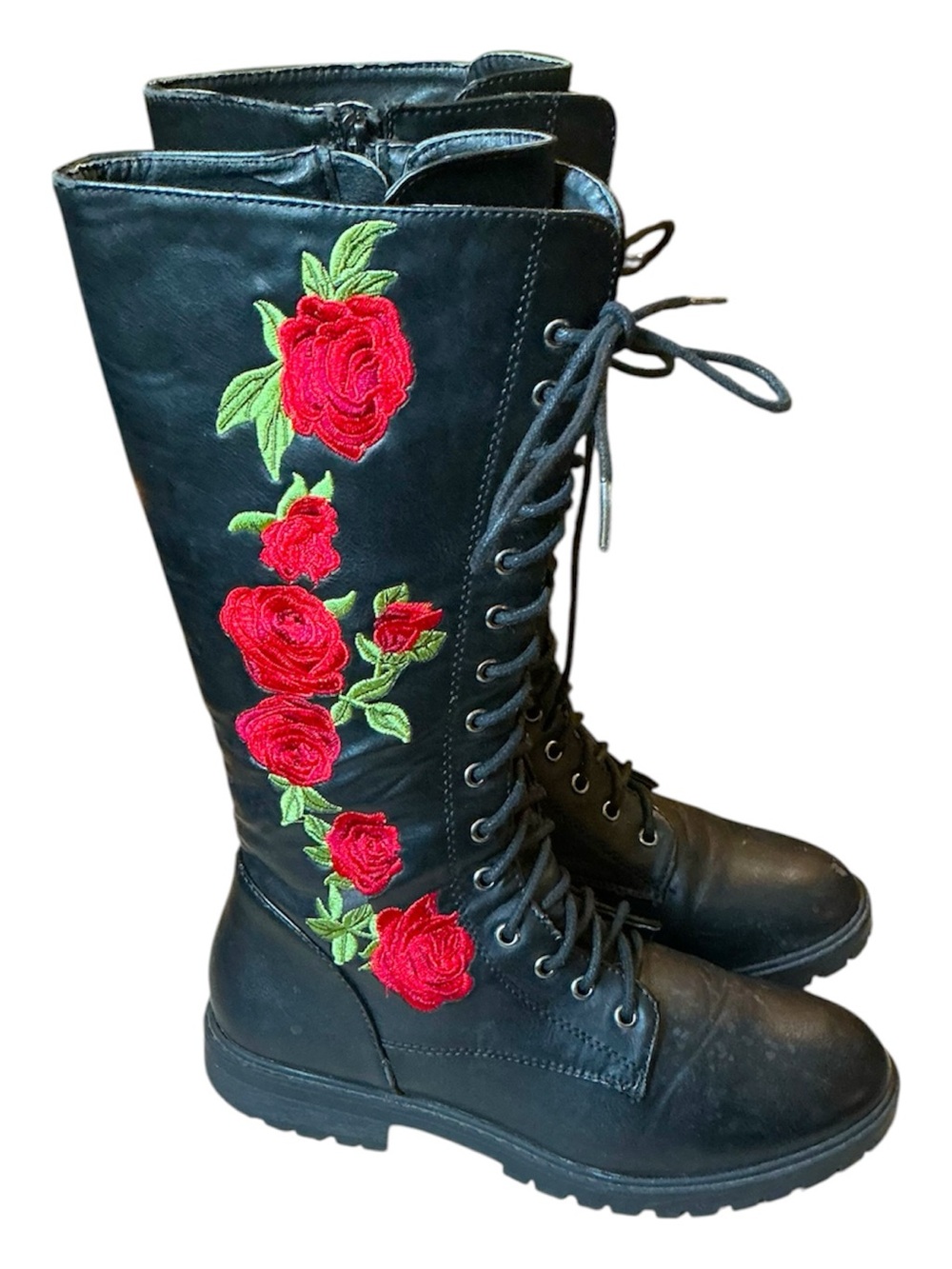 floral embroidered lace-up combat boots